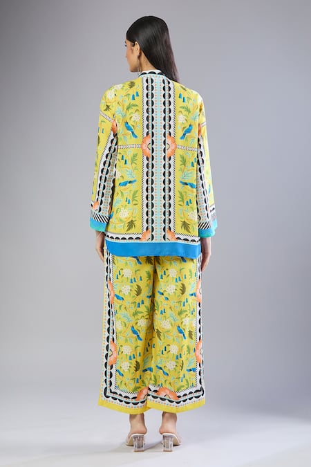 Shop_Samyukta Singhania_Yellow Mandarin Collar Floral Printed Kurta Set _at_Aza_Fashions