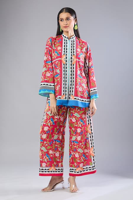 Buy_Samyukta Singhania_Red Kota Doria Mandarin Collar Floral Printed Kurta Set _Online_at_Aza_Fashions