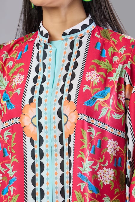 Samyukta Singhania_Red Kota Doria Mandarin Collar Floral Printed Kurta Set _at_Aza_Fashions