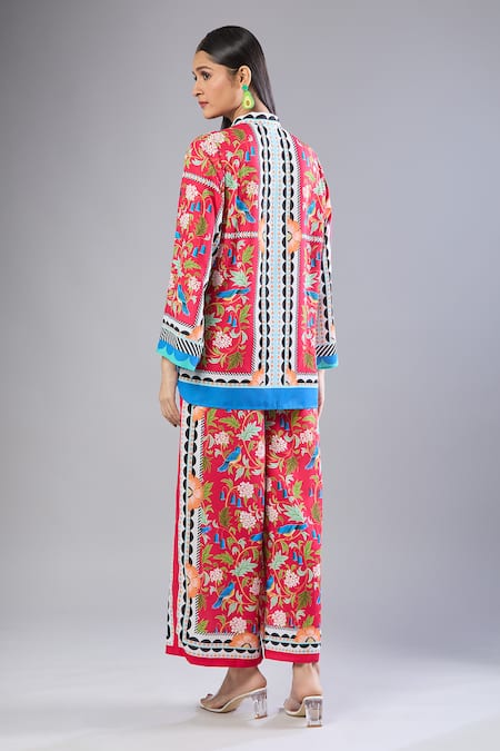 Shop_Samyukta Singhania_Red Kota Doria Mandarin Collar Floral Printed Kurta Set _at_Aza_Fashions