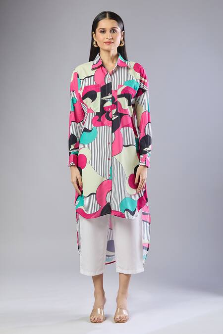 Buy_Samyukta Singhania_Pink Collared Colorful Patterned Midi Dress_Online_at_Aza_Fashions