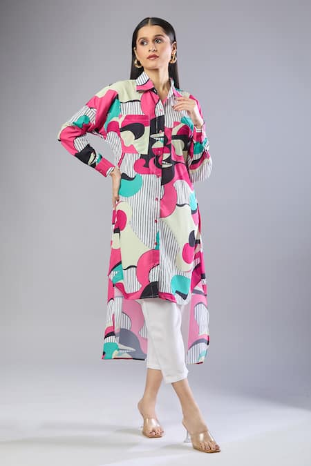 Shop_Samyukta Singhania_Pink Collared Colorful Patterned Midi Dress_Online_at_Aza_Fashions