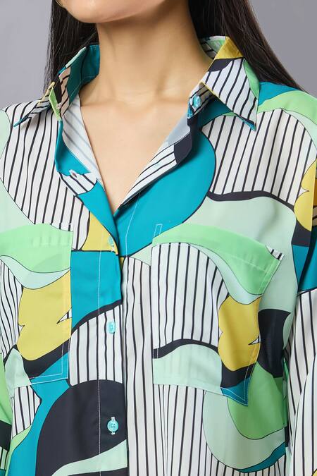 Samyukta Singhania_Multi Color Collared Green Abstract Print Midi Dress_Online_at_Aza_Fashions