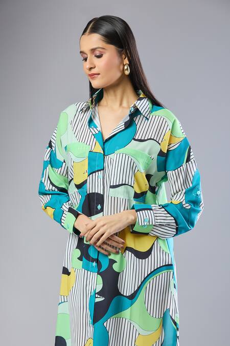 Samyukta Singhania_Multi Color Collared Green Abstract Print Midi Dress_at_Aza_Fashions