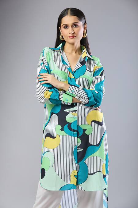 Buy_Samyukta Singhania_Multi Color Collared Green Abstract Print Midi Dress