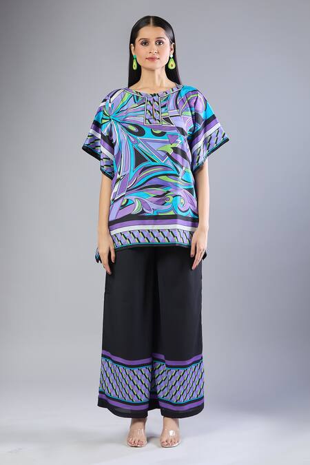 Buy Naintara Bajaj Multi Color Round Neck Graphic Print Top And Black Pant Set Online at Aza Fashions Buy_Naintara Bajaj_Multi Color Round Neck Graphic Print Top And Black Pant Set _Online_at_Aza_Fashions