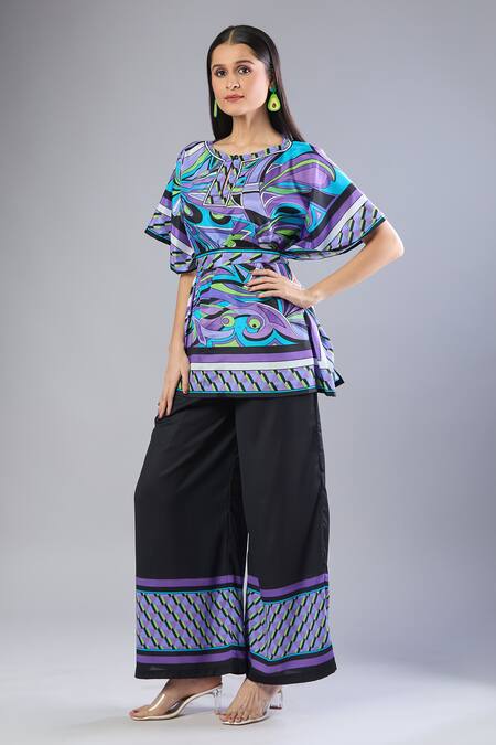 Shop Naintara Bajaj Multi Color Round Neck Graphic Print Top And Black Pant Set Online at Aza Fashions Shop_Naintara Bajaj_Multi Color Round Neck Graphic Print Top And Black Pant Set _Online_at_Aza_Fashions