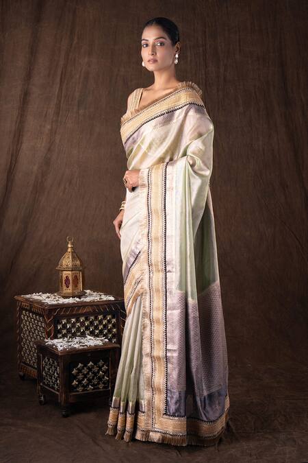 Zal From Benaras Green Silk Embroidery Pastel Pure Tissue Banarasi Saree Set Online at Aza Fashions Zal From Benaras_Green Silk Embroidery Pastel Pure Tissue Banarasi Saree Set _Online_at_Aza_Fashions