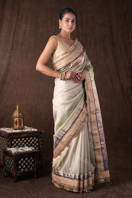 Buy Zal From Benaras Green Silk Embroidery Pastel Pure Tissue Banarasi Saree Set Online at Aza Fashions Buy_Zal From Benaras_Green Silk Embroidery Pastel Pure Tissue Banarasi Saree Set _Online_at_Aza_Fashions