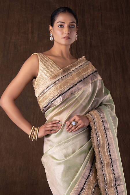 Zal From Benaras Green Silk Embroidery Pastel Pure Tissue Banarasi Saree Set at Aza Fashions Zal From Benaras_Green Silk Embroidery Pastel Pure Tissue Banarasi Saree Set _at_Aza_Fashions