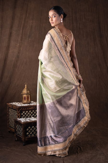 Shop Zal From Benaras Green Silk Embroidery Pastel Pure Tissue Banarasi Saree Set at Aza Fashions Shop_Zal From Benaras_Green Silk Embroidery Pastel Pure Tissue Banarasi Saree Set _at_Aza_Fashions