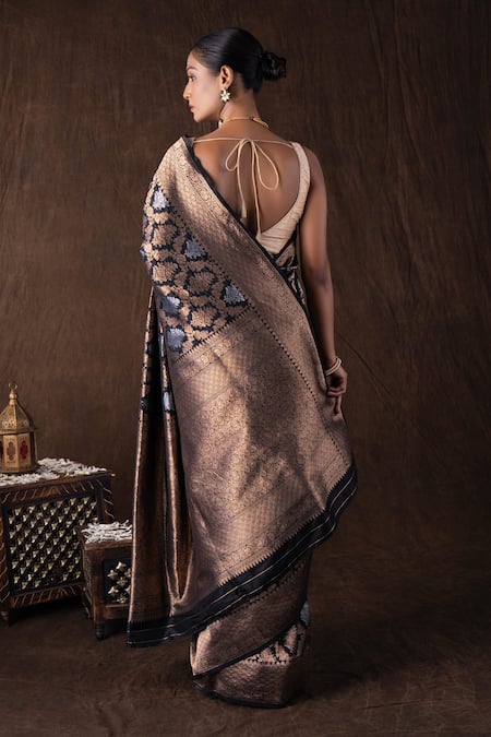 Zal From Benaras Black Pure Katan Silk Banarasi Saree Set 