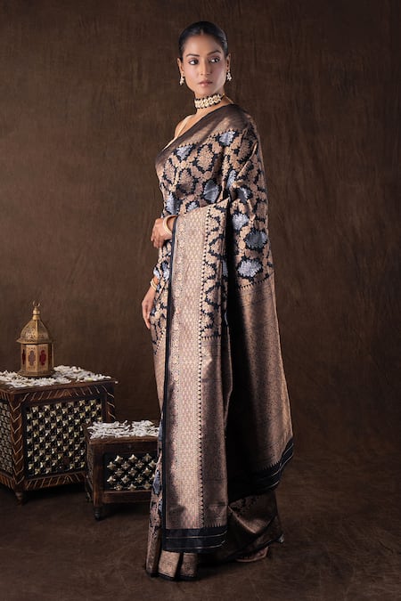 Zal From Benaras_Black Silk Round Neck Pure Katan Banarasi Saree Set _Online_at_Aza_Fashions