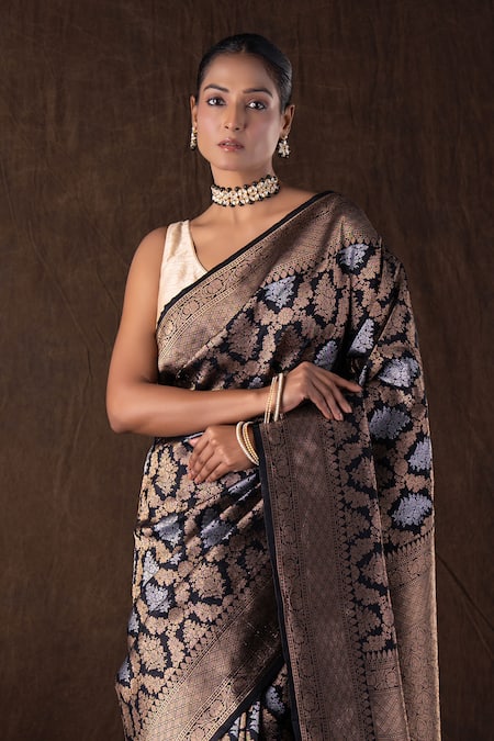 Buy_Zal From Benaras_Black Silk Round Neck Pure Katan Banarasi Saree Set _Online_at_Aza_Fashions