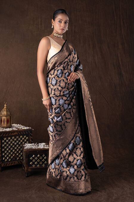 Shop_Zal From Benaras_Black Silk Round Neck Pure Katan Banarasi Saree Set _Online_at_Aza_Fashions