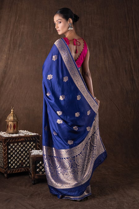 Zal From Benaras Dark Blue Pure Katan Silk Banarasi Saree Set 