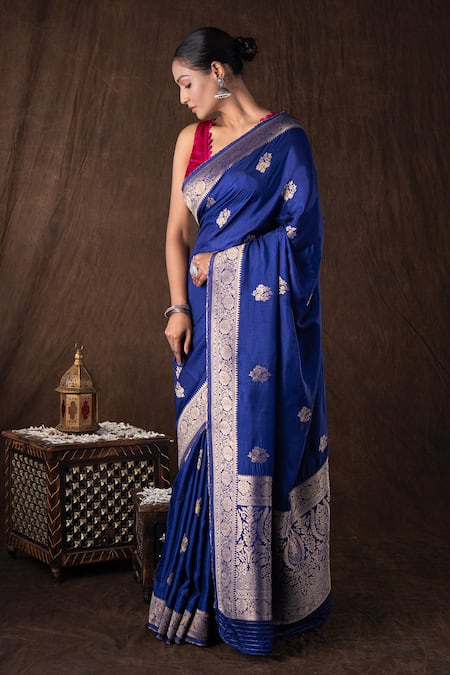 Buy_Zal From Benaras_Blue Silk Zari Dark Pure Katan Banarasi Saree Set _Online_at_Aza_Fashions