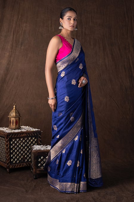 Shop_Zal From Benaras_Blue Silk Zari Dark Pure Katan Banarasi Saree Set _Online_at_Aza_Fashions