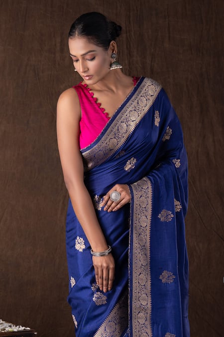 Zal From Benaras_Blue Silk Zari Dark Pure Katan Banarasi Saree Set _at_Aza_Fashions
