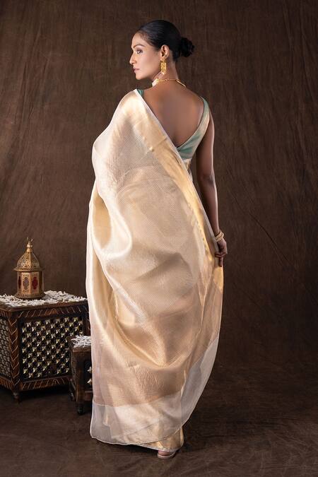 Zal From Benaras Golden Pure Katan Silk Banarasi Saree Set 