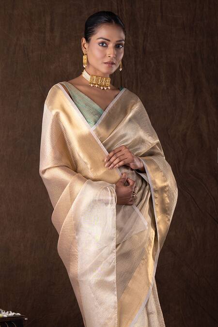 Buy Zal From Benaras Beige Silk Zari Golden Pure Katan Banarasi Saree Set Online at Aza Fashions Buy_Zal From Benaras_Beige Silk Zari Golden Pure Katan Banarasi Saree Set _Online_at_Aza_Fashions