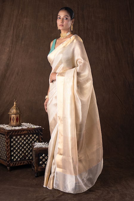Shop Zal From Benaras Beige Silk Zari Golden Pure Katan Banarasi Saree Set Online at Aza Fashions Shop_Zal From Benaras_Beige Silk Zari Golden Pure Katan Banarasi Saree Set _Online_at_Aza_Fashions