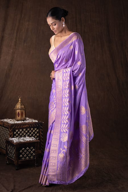 Zal From Benaras_Purple Silk Embroidery Mauve Pure Monga Banarasi Saree Set _Online_at_Aza_Fashions