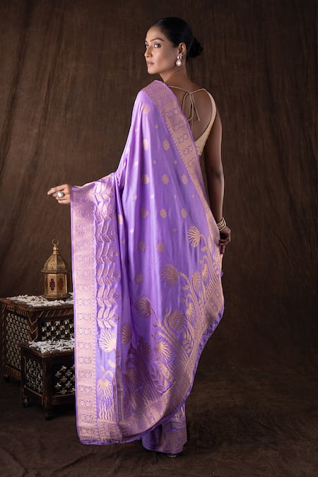 Shop_Zal From Benaras_Purple Silk Embroidery Mauve Pure Monga Banarasi Saree Set _at_Aza_Fashions