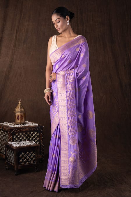 Shop_Zal From Benaras_Purple Silk Embroidery Mauve Pure Monga Banarasi Saree Set _Online_at_Aza_Fashions