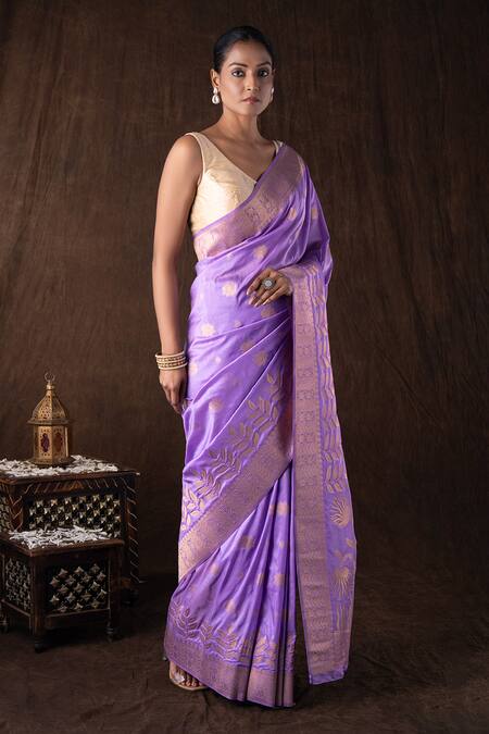 Zal From Benaras_Purple Silk Embroidery Mauve Pure Monga Banarasi Saree Set _at_Aza_Fashions