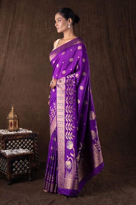 Shop Zal From Benaras Purple Silk Zari Pure Monga Banarasi Saree Set Online at Aza Fashions Shop_Zal From Benaras_Purple Silk Zari Pure Monga Banarasi Saree Set _Online_at_Aza_Fashions
