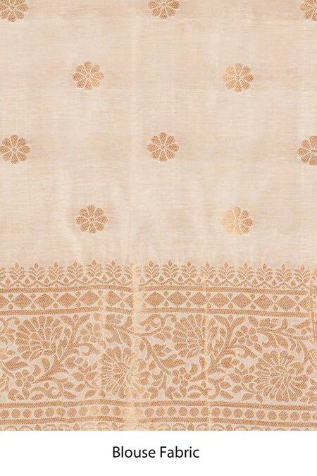 Zal From Benaras_Beige Silk Embroidery Rangkat Pure Katan Banarasi Saree Set_Online_at_Aza_Fashions