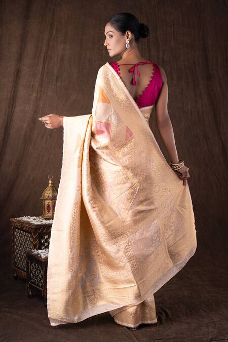 Shop Zal From Benaras Beige Silk Embroidery Rangkat Pure Katan Banarasi Saree Set at Aza Fashions Shop_Zal From Benaras_Beige Silk Embroidery Rangkat Pure Katan Banarasi Saree Set_at_Aza_Fashions