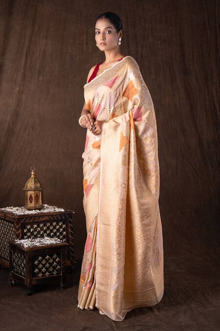 Shop Zal From Benaras Beige Silk Embroidery Rangkat Pure Katan Banarasi Saree Set Online at Aza Fashions Shop_Zal From Benaras_Beige Silk Embroidery Rangkat Pure Katan Banarasi Saree Set_Online_at_Aza_Fashions
