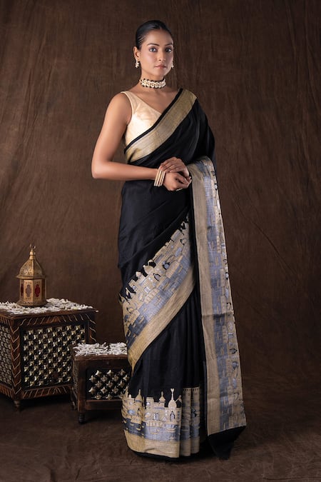 Zal From Benaras Black Silk Embroidery Kashi Banarasi Handloom Saree Set Online at Aza Fashions Zal From Benaras_Black Silk Embroidery Kashi Banarasi Handloom Saree Set _Online_at_Aza_Fashions