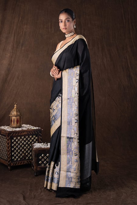 Buy Zal From Benaras Black Silk Embroidery Kashi Banarasi Handloom Saree Set Online at Aza Fashions Buy_Zal From Benaras_Black Silk Embroidery Kashi Banarasi Handloom Saree Set _Online_at_Aza_Fashions