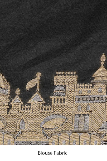 Shop_Zal From Benaras_Black Silk Embroidery Kashi Banarasi Handloom Saree Set _Online_at_Aza_Fashions