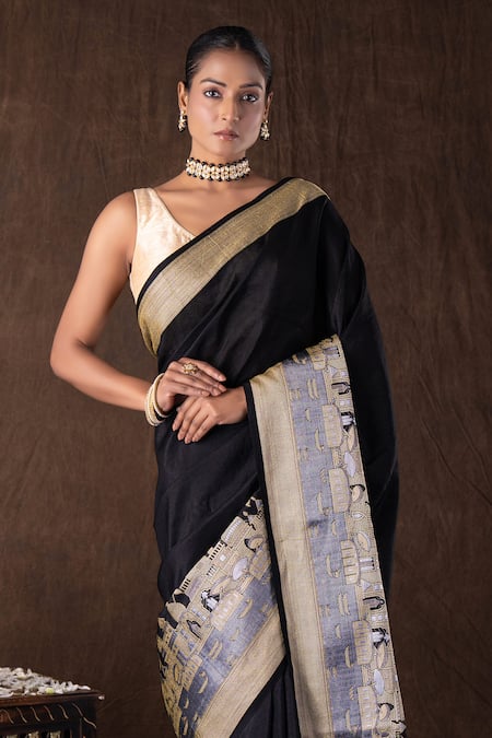 Zal From Benaras Black Silk Embroidery Kashi Banarasi Handloom Saree Set at Aza Fashions Zal From Benaras_Black Silk Embroidery Kashi Banarasi Handloom Saree Set _at_Aza_Fashions