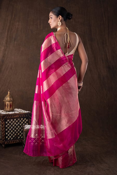 Zal From Benaras Pink Zari Stripe Moonga Tissue Silk Saree Set 