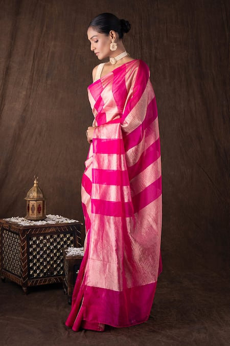 Zal From Benaras_Pink Tissue, Silk Zari Stripe Moonga Saree Set _Online_at_Aza_Fashions