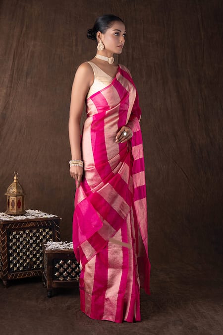 Buy_Zal From Benaras_Pink Tissue, Silk Zari Stripe Moonga Saree Set _Online_at_Aza_Fashions