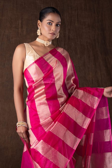 Shop_Zal From Benaras_Pink Tissue, Silk Zari Stripe Moonga Saree Set _Online_at_Aza_Fashions