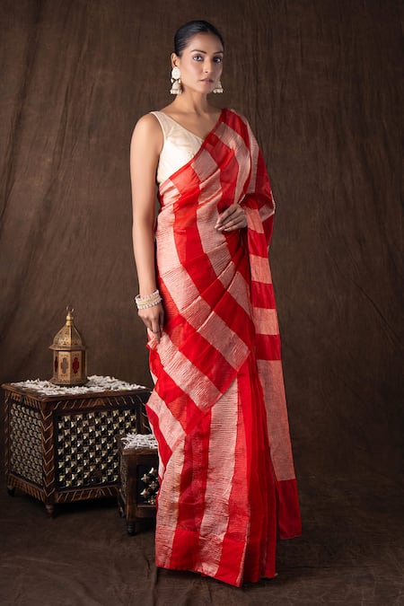Buy_Zal From Benaras_Red Mohair Zari Stripe Moonga Silk Banarasi Saree Set _Online_at_Aza_Fashions