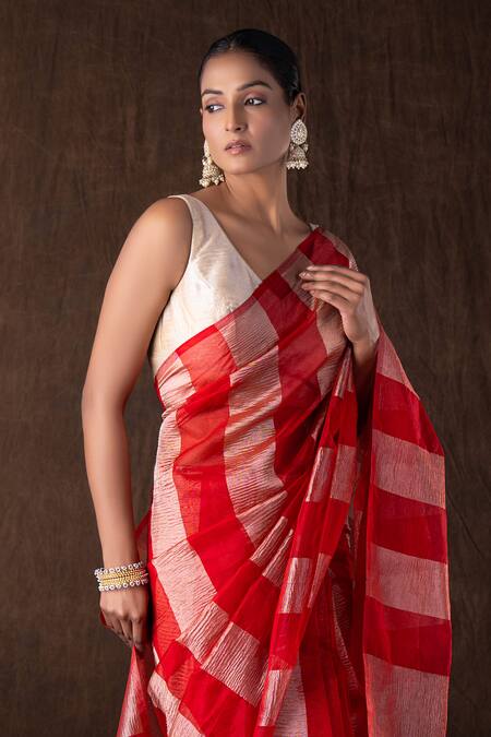 Shop_Zal From Benaras_Red Mohair Zari Stripe Moonga Silk Banarasi Saree Set _Online_at_Aza_Fashions