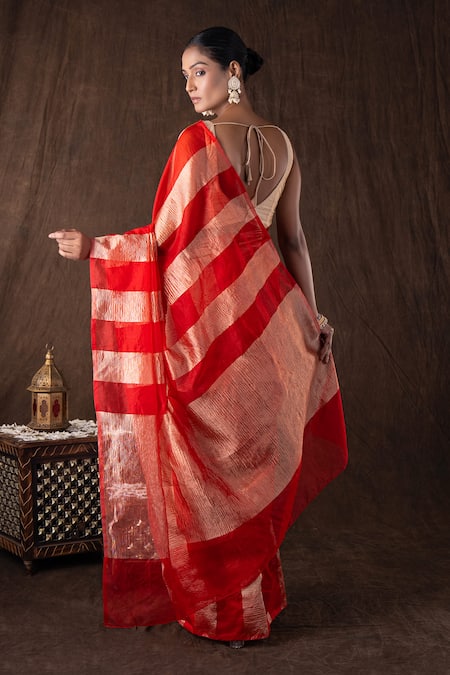 Zal From Benaras Zari Stripe Moonga Silk Banarasi Saree Set 