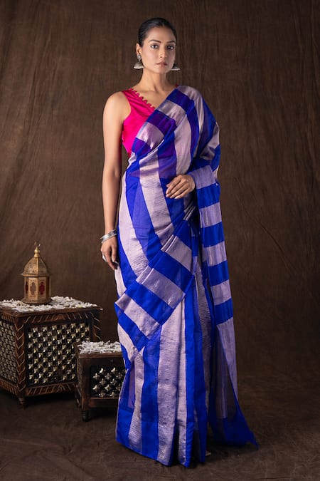 Zal From Benaras_Blue Tissue, Silk Zari Round Neck Stripe Moonga Banarasi Saree Set _Online_at_Aza_Fashions
