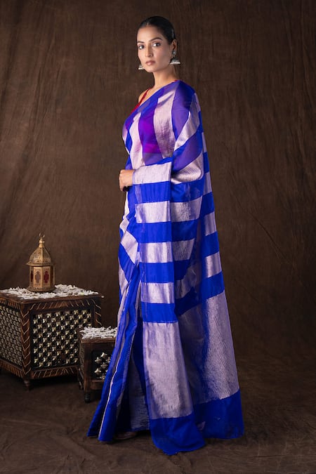 Buy_Zal From Benaras_Blue Tissue, Silk Zari Round Neck Stripe Moonga Banarasi Saree Set _Online_at_Aza_Fashions