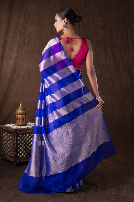 Zal From Benaras Zari Stripe Moonga Tissue Silk Banarasi Saree Set 