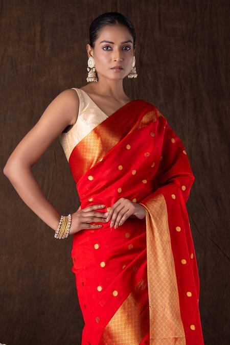 Zal From Benaras_Red Kota Doria Zari Katan Silk Boota Banarasi Saree Set _Online_at_Aza_Fashions