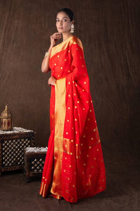 Buy_Zal From Benaras_Red Kota Doria Zari Katan Silk Boota Banarasi Saree Set _Online_at_Aza_Fashions